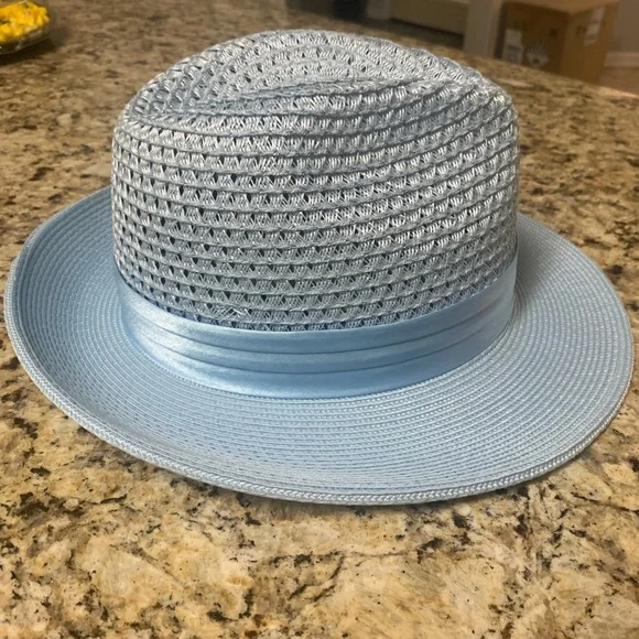 Bruno Capelo Light Blue Woven Hat with Feather Accent - Picture 2 of 4